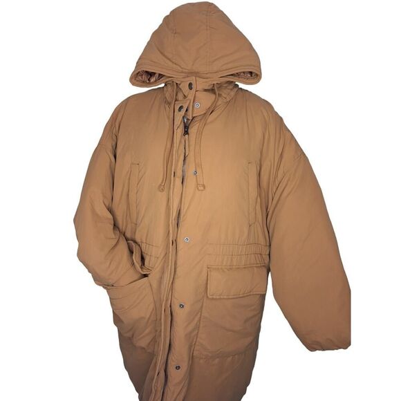 American Eagle Womens Size Small Long Cinch Waist Winter Coat Tan Zip Up Pockets - Picture 1 of 7